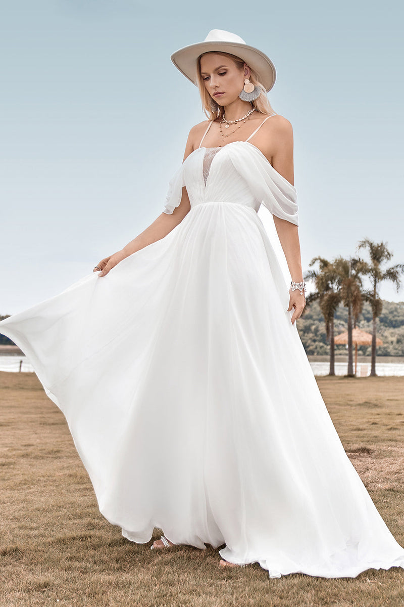 Afbeelding in Gallery-weergave laden, Off The Shoulder Ivory Boho Chiffon Ruched A Line Trouwjurk