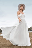 Off The Shoulder Ivory Boho Chiffon Ruched A Line Trouwjurk