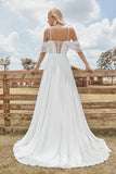 Off The Shoulder Ivory Boho Chiffon Ruched A Line Trouwjurk