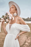 Off The Shoulder Ivory Boho Chiffon Ruched A Line Trouwjurk