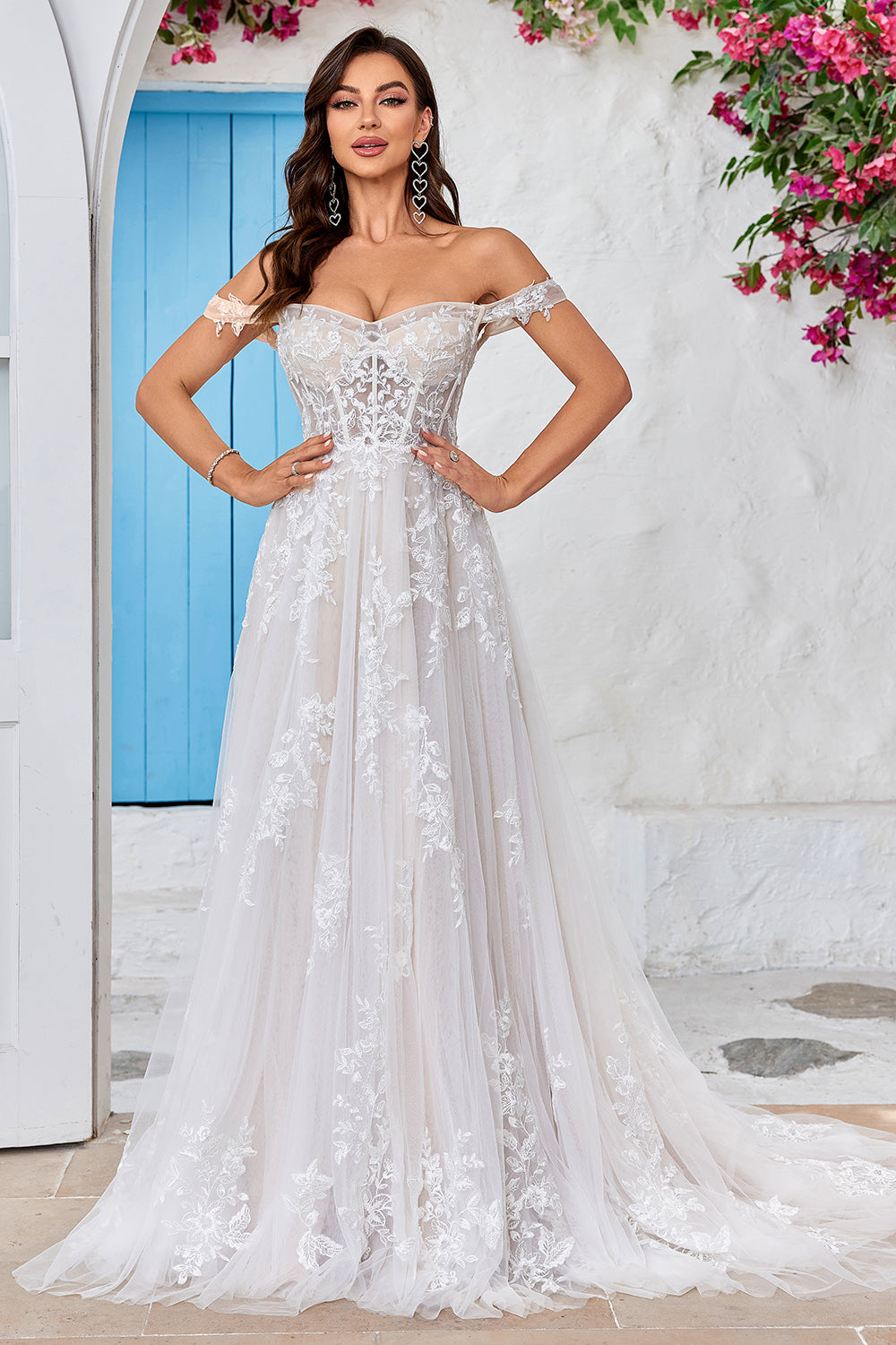 Afneembare Off the Shoulder Corset Tule A Line Trouwjurk